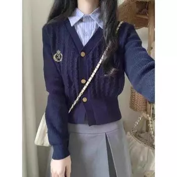 Polo Shirt Collar Knitting Sweater Spring and Autumn Fake Two-Piece Navy S [Recommendation 70/45.00kg]]