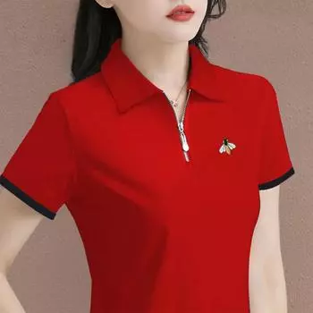 Polo Shirt Zipper Short-sleeved T-shirt Women s New Summer Lapel Casual Middle-aged Mother s Top M