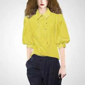 Polo Slim Looking Casual Cropped Lantern Sleeve Fashionable Shirt Yellow S