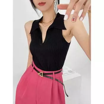 Polo V-neck Sunken Stripe Fashion Slim Knit Vest Black All yards