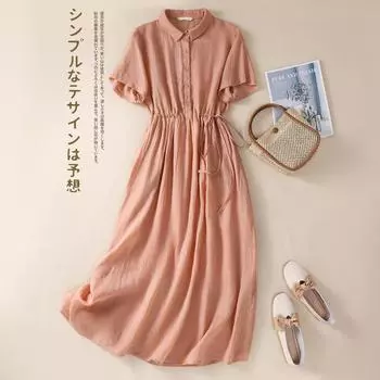 POLO воротник 2025 новый хлопок и лен весна и лето простая однотонная юбка легкая и тонкая свободная длинная юбка женская M розовый