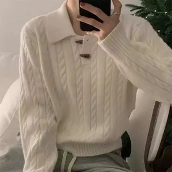 POLO воротник рог пряжка твист свитер женский год осень и зима новый пуловер однотонный ленивый ветер вязаный свитер женская одежда One size красный