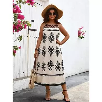 Полое платье на бретельках для женщин, длинное платье без рукавов с принтом, повседневное модное свободное платье макси плюс, летнее дышащее легкое платье для пляжного отдыха XL