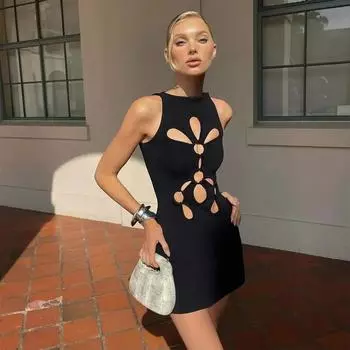 Полое сексуальное платье женское белое облегающее платье с открытыми плечами сплошной О-образный вырез без рукавов пакет бедра юбка новая мода S чёрный