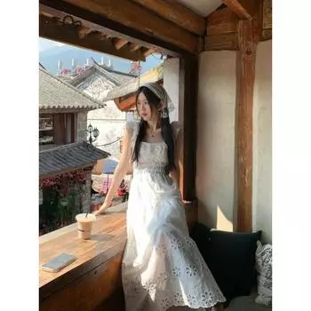 Полое вязаное крючком платье во французском нишевом стиле, женское летнее новое платье для перерыва на чай, темпераментное длинное платье феи первой любви, повседневное платье S белый