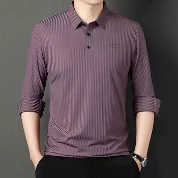 Полосатая бесшовная футболка с длинными рукавами и лацканами, мужская повседневная свободная эластичная осенняя новинка для мужчин и женщин, деловой костюм для мужчин M