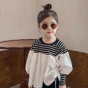Полосатая блузка для маленьких девочек, топ с воротником в рубчик, футболки, расклешенные брюки, леггинсы с эластичной резинкой на талии, детская одежда, От 3 до 8 лет 13