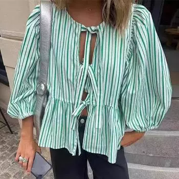 Полосатая блузка со шнуровкой спереди для женщин, весна-лето, повседневная, свободная, с круглым вырезом, с длинным рукавом, рубашки для офиса, простые топы для леди S синий