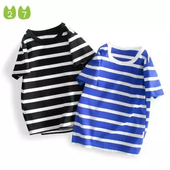 Полосатая футболка, детская летняя футболка, новая детская с коротким рукавом, высокое качество 90cm синий