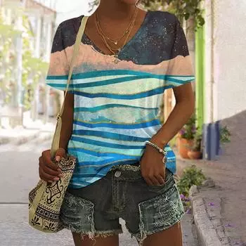 Полосатая футболка для женщин, новая простая одежда, повседневная футболка с v-образным вырезом и короткими рукавами, женская футболка в стиле Харадзюку в стиле ретро с принтом, летняя S