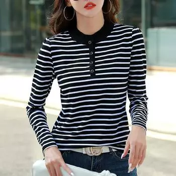 Полосатая футболка для женщин, с длинным рукавом, полуводолазка, хлопковые осенние повседневные женские футболки, свободные топы, женская одежда XXXL белый