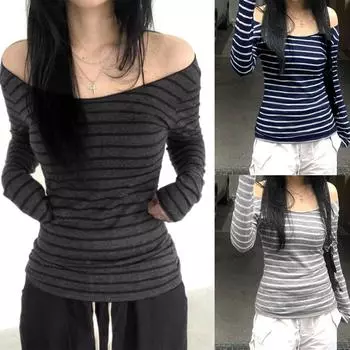 Полосатая футболка на одно плечо с длинными рукавами для женщин, универсальный пуловер, облегающий повседневный топ L темно-синий