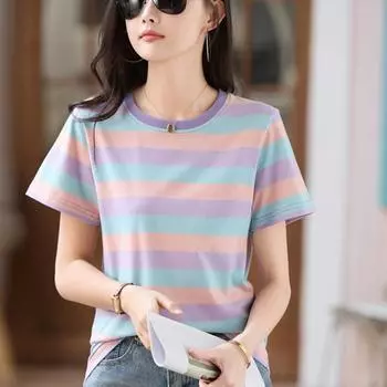 Полосатая футболка на правое плечо, женская футболка с короткими рукавами, новинка 2024 года, лето 2024, свободная утягивающая повседневная спортивная футболка, уменьшающий возраст топ XL синий