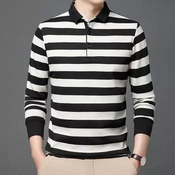Полосатая футболка осень и зима новые длинные рукава нижние рубашки для молодежи и среднего возраста деловые повседневные рубашки поло мужские топы M