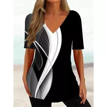 Полосатая футболка с 3D-принтом, женская модная футболка с V-образным вырезом и коротким рукавом, простая летняя повседневная футболка больших размеров, топы, футболки, женская одежда, новинка S