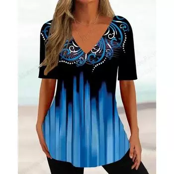 Полосатая футболка с 3D-принтом, женская модная футболка с V-образным вырезом и коротким рукавом, простая летняя повседневная футболка больших размеров, топы, футболки, женская одежда S