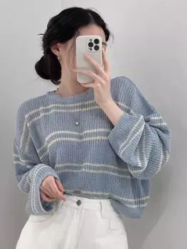 Полосатая футболка с длинным рукавом и защитой от солнца, женская шикарная осенняя тонкая свободная трикотажная верхняя часть, короткая блузка с кондиционером, модная All yards синий