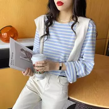 Полосатая футболка с длинными рукавами для женщин, новая свободная хлопковая внутренняя рубашка в корейском стиле на весну и осень, универсальный топ с круглым вырезом на раннюю осень S