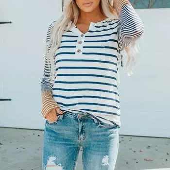 Полосатая футболка с длинными рукавами, женская осень и зима, новый контрастный цвет, облегающий пуловер с воротником на пуговицах, женский топ S