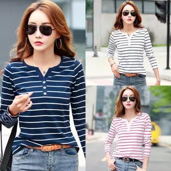 Полосатая футболка с длинными рукавами женская весна и осень 2024 новая узкая рубашка с V-образным вырезом темперамент S синий