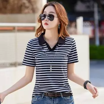 Полосатая футболка с короткими рукавами для женщин 2024 Лето Новая корейская версия Свободная узкая женская футболка с короткими рукавами и лацканами Верх L чёрный