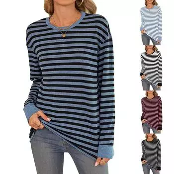 Полосатая футболка с круглым вырезом и длинными рукавами, свободная, женская, повседневная, модная, пуловер, топ S небесно-голубой