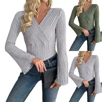 Полосатая футболка с рукавами-трубами и V-образным вырезом, повседневный женский топ M