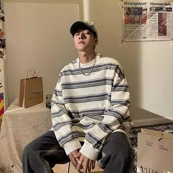 Полосатая футболка в гонконгском стиле с круглым вырезом, весенне-осенний дизайн, несколько ленивых топов, мужская повседневная рубашка с длинным рукавом S