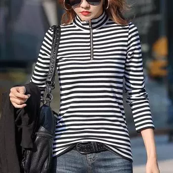 Полосатая футболка, весенняя женская тонкая офисная футболка с воротником и воротником, женские хлопковые корейские топы с длинными рукавами на молнии в корейском стиле M белый