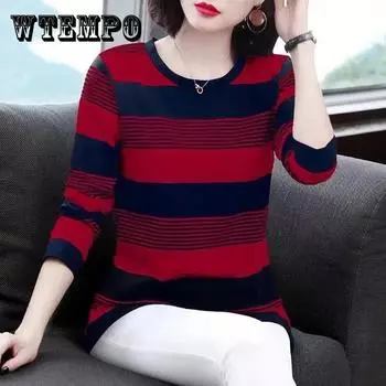 Полосатая футболка женская с круглым вырезом и длинными рукавами, тонкая повседневная рубашка в стиле Харадзюку, универсальная на весну и осень S чёрный