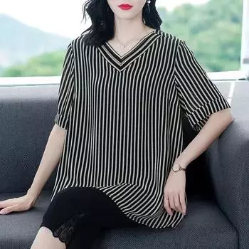 Полосатая футболка Женские повседневные свободные черные топы с v-образным вырезом большого размера L чёрный