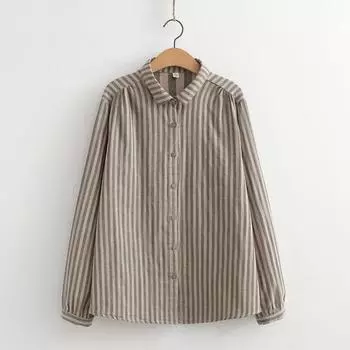 Полосатая хлопковая льняная рубашка с длинными рукавами для женщин, свободный топ для похудения на осень S светло-синий