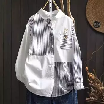 Полосатая хлопковая рубашка с длинными рукавами для женщин, свободная, утягивающая, с карманом кролика, однобортная рубашка ручной работы, блузки и рубашки One Size
