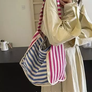 Полосатая холщовая сумка, новая модная женская сумка через плечо большой вместимости, легкая сумка-тоут для студентов, чтобы ходить на занятия чёрный