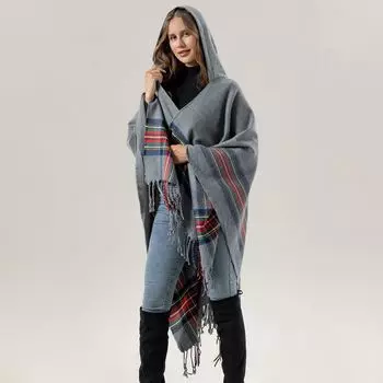 Полосатая кисточка термо накидка с капюшоном шаль Синьцзян дорожный шарф Богемный плащ для женщин One Size серый