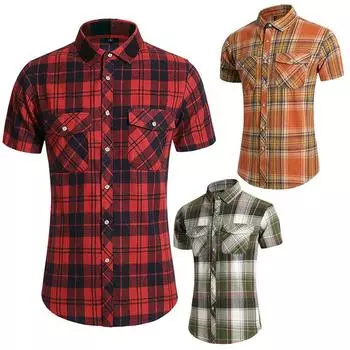 Полосатая клетчатая рубашка с короткими рукавами, мужские однобортные хлопковые рубашки с квадратным воротником, летние модные повседневные мужские рубашки 7XL чёрный