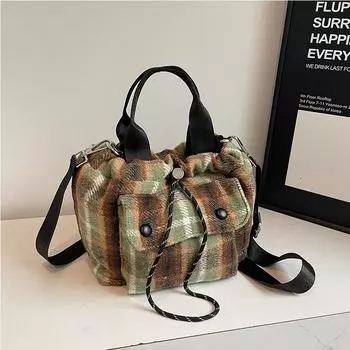Полосатая клетчатая сумка-тоут для женщин, осенне-зимняя шерстяная сумка через плечо, повседневная сумка на плечо с завязками