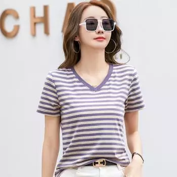 Полосатая контрастная футболка с v-образным вырезом в стиле ретро, художественная футболка с короткими рукавами, женский топ в западном стиле, летняя нижняя рубашка XXXXL красный