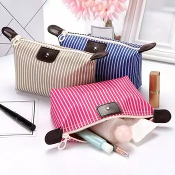 Полосатая косметичка водонепроницаемая складная большая емкость застежка-молния в форме пельменя портативная косметика бежевый