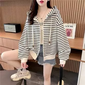Полосатая куртка с капюшоном и принтом, повседневная верхняя одежда на молнии с длинными рукавами и шнурком, женская одежда M