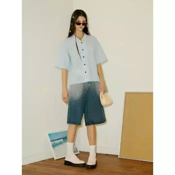 Полосатая льняная рубашка FREI НЕБЕСНО-ГОЛУБАЯ