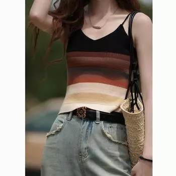 Полосатая майка Mishow для женщин, летняя винтажная тонкая блузка с v-образным вырезом в американском стиле, Versatitle, вязаная майка, женская одежда MXC35D0003