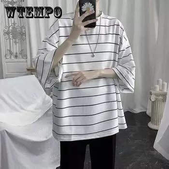 Полосатая мужская летняя футболка с короткими рукавами и рукавами с пятью точками, рубашка «летучая мышь» для мальчиков, свободная брендовая мужская рубашка с половиной рукавов Tide XXL