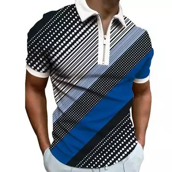 Полосатая мужская повседневная облегающая эластичная дышащая рубашка-поло с 3D-принтом на молнии с короткими рукавами S синий