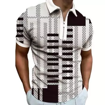 Полосатая мужская повседневная облегающая эластичная дышащая рубашка-поло с 3D-принтом на молнии с короткими рукавами S белый