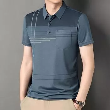 Полосатая мужская рубашка поло, футболка из тонкого шелка Ice Silk с короткими рукавами, топ со средними лацканами M