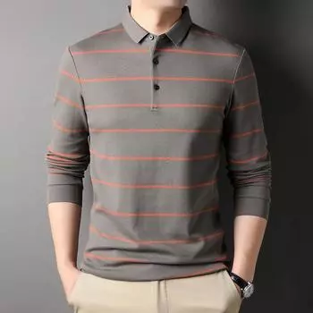 Полосатая мужская рубашка-поло, повседневная футболка, качественная приятная для кожи футболка, рубашка с длинными рукавами, мужская хлопковая свободная модная мужская одежда M