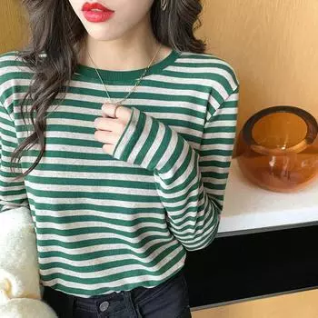 Полосатая нижняя рубашка для женщин, новый стиль весна-осень, контрастный цвет, круглый вырез, футболка с длинными рукавами, топ на раннюю осень S