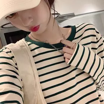 Полосатая нижняя рубашка для женщин, осень и зима, новый ретро-круглый вырез, свободная, облегающая, универсальная футболка с длинными рукавами, повседневный топ S