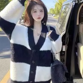 Полосатая норковая шуба, женский кардиган 2022, свитер, осень и зима, новый свободный повседневный свитер с длинными рукавами и v-образным вырезом, женский кардиган One Size чёрный
